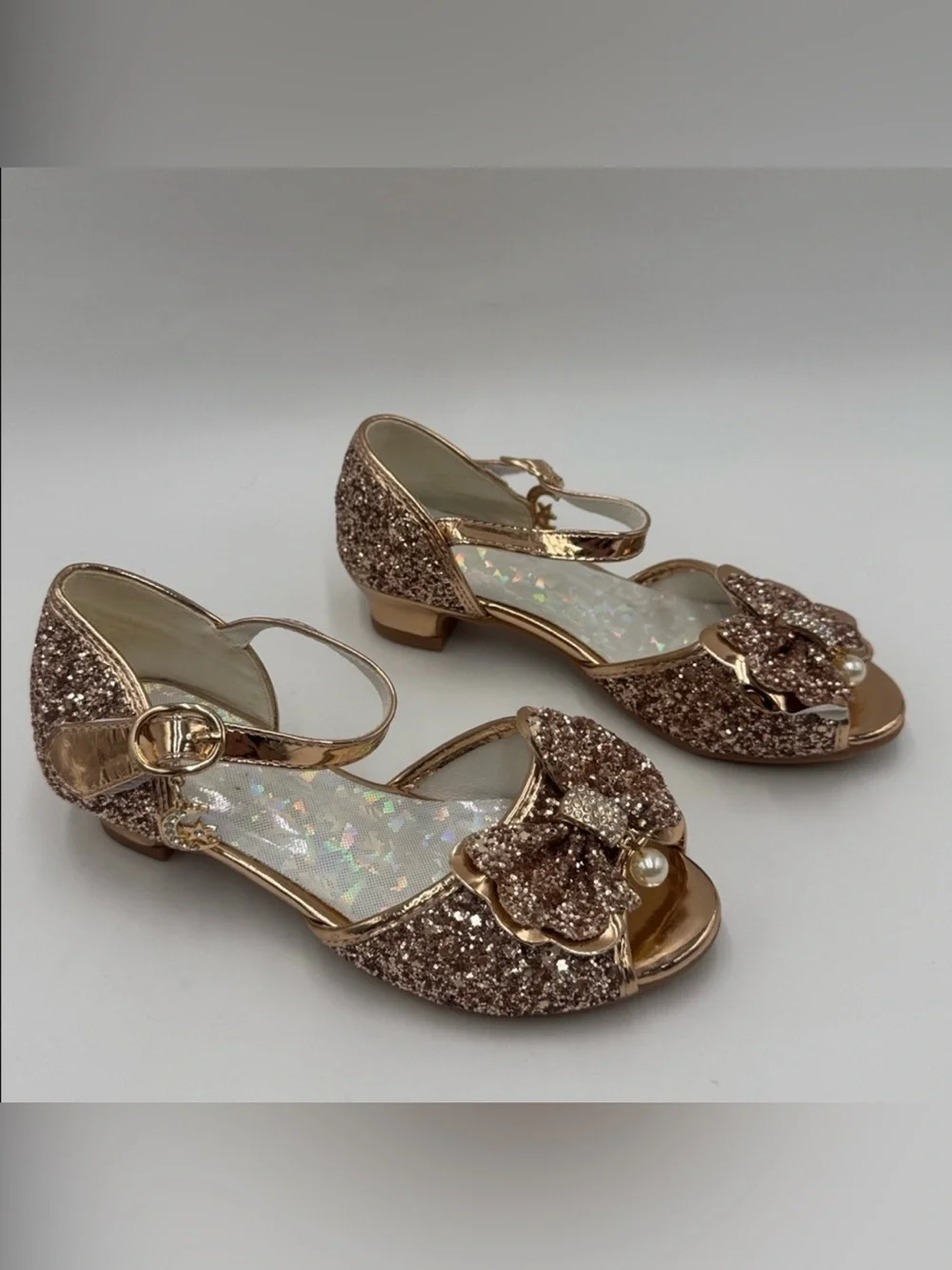 Girls Rose Gold Glitter Bow Dress Sandals with Pearl Accent Size 13